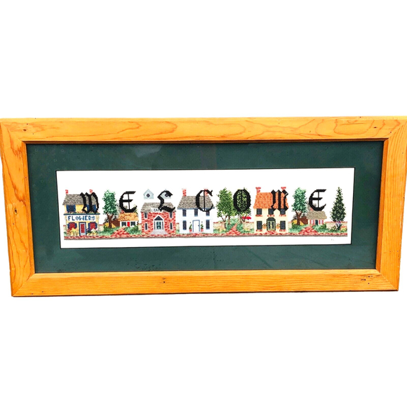Vintage Framed "WELCOME" Hand Crafted Needlepoint Stitched Wall Art